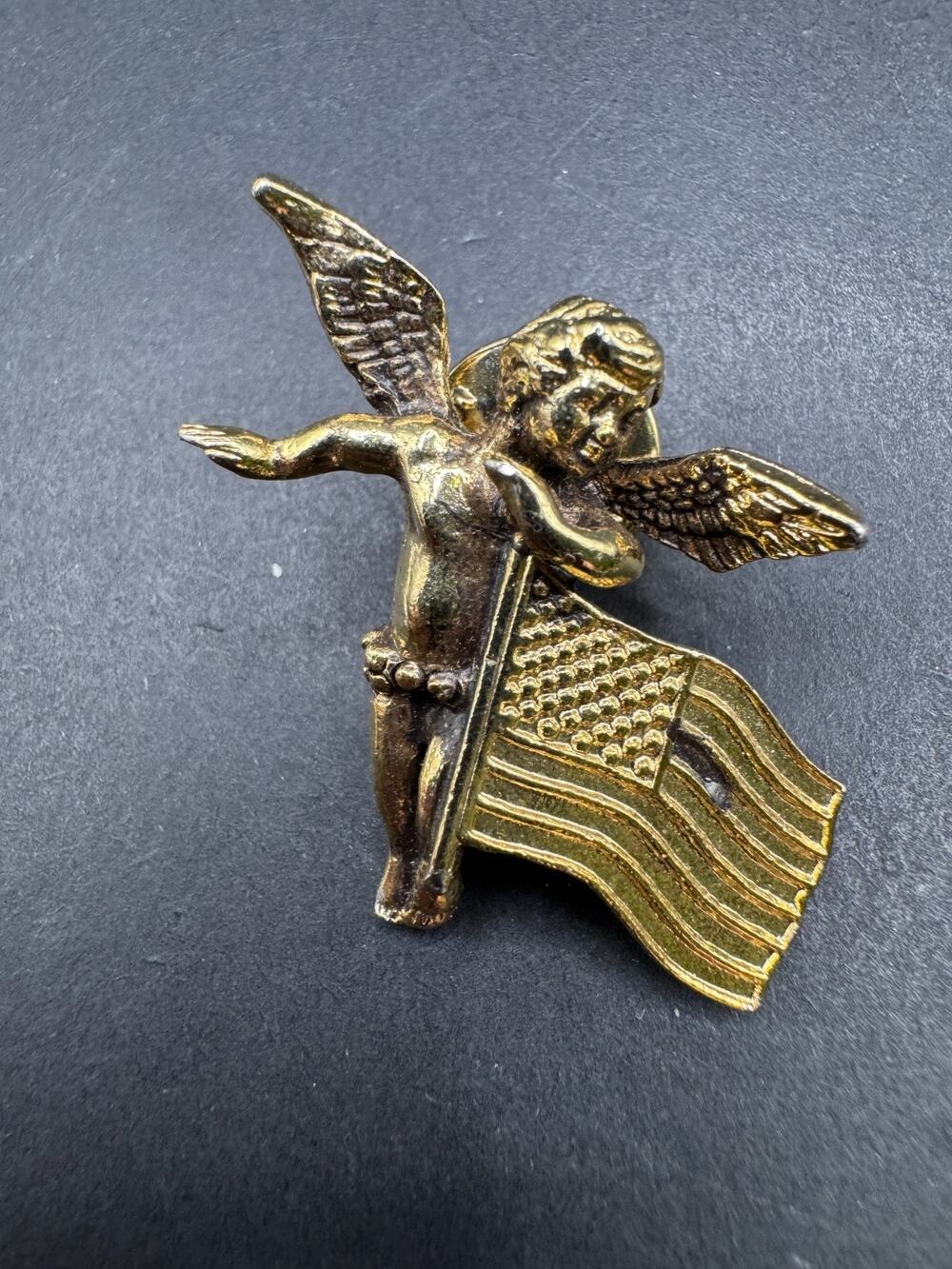 Vintage Kirks Folly Pin Brooch Cherub American Flag Patriotic USA Gold Tone